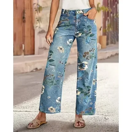 Women's Jeans Culottes Wide Leg Chinos Streetwear Casual Full Length Medium Waist Floral Pocket Elastic Waist Printing Comfortable Micro-elastic Outdoor Vacation Daily Deep Blue Light Blue Fall Winter