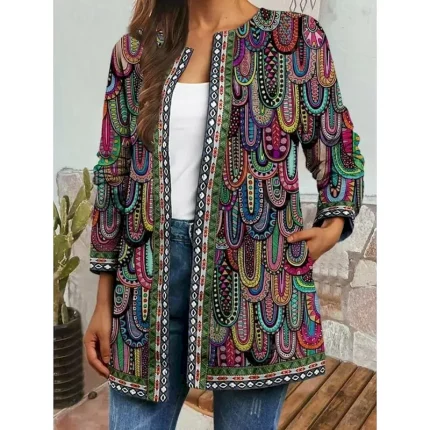 Women's Jacket Party Pocket Geometric Windproof Fashion Regular Fit Outerwear Long Sleeve Fall Colorful M