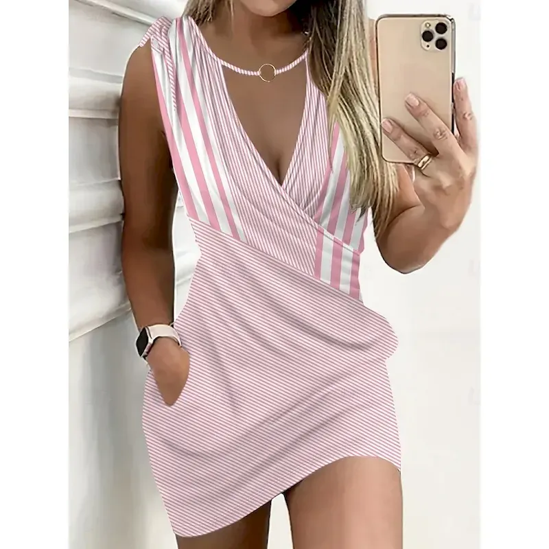 ishtjx1750157829271.webp Women's Mini Dress Sheath Dress Wrap Dress Sundress Summer Dress Casual Daily Regular Fit Graphic Geometric Sleeveless Crew Neck Pink Blue Purple Green Summer - Image 1