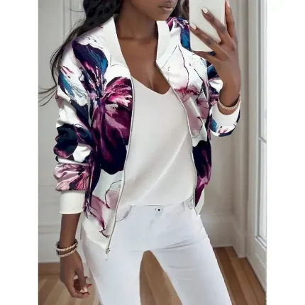 Women's Bomber Jacket Casual Jacket Comfortable Breathable Zipper Print Casual Floral Vacation Street Casual Daily Wear Zipper Short Stand Collar Regular Fit Long Sleeve Outerwear Purple Green Summer
