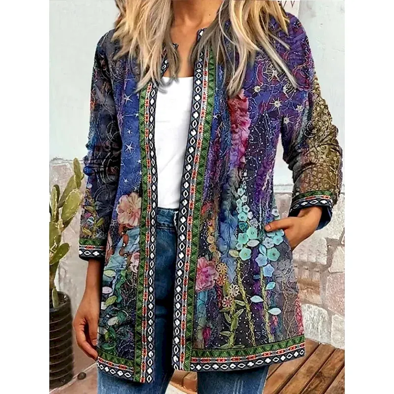 owfkuz1722947272565.webp Women's Casual Lightweight Coat Open Front Jacket Dailywear Long Sleeve WVith Pocket Square Neck Print Floral Casual / Boho Vintage Loose Fit Outerwear Long Sleeve Spring Ocean Blue S - Image 1