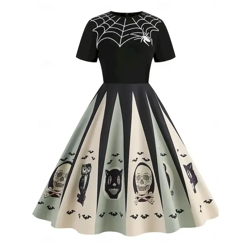 pdazuf1754479757267.webp Halloween Women's Spider Web Print Midi Dress A Line Dress Casual Daily Holiday Regular Fit Pumpkin Spider web Short Sleeve Crew Neck Black Blue Orange Apricot Summer Spring Fall - Image 1