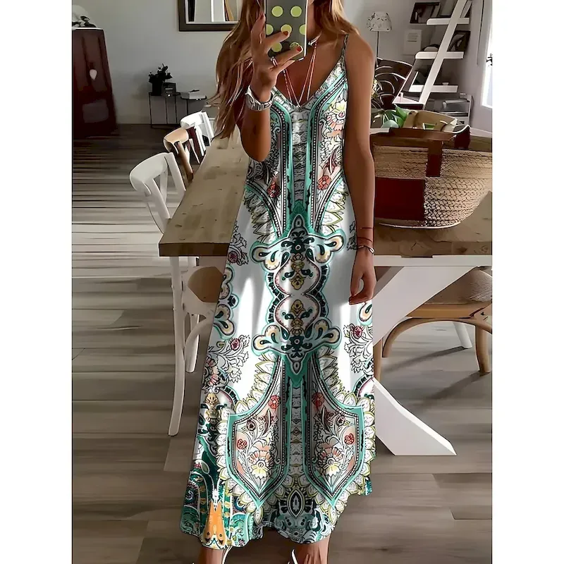rgsvzc1741239963755.webp Women's Midi Dress Sundress A Line Dress Slip Dress Vacation Casual Vacation Daily Going out Regular Fit Ombre Graphic Paisley Sleeveless V Neck Light Green Summer Spring - Image 1