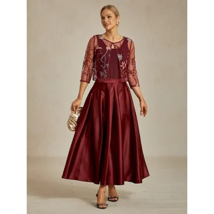 Women's Skirt Elegant Vintage Fashion Maxi Mid Waist Skirts Ruched Pleated Pocket Micro-elastic New Year Party Evening Wear Wine Red Spring 100% Polyester