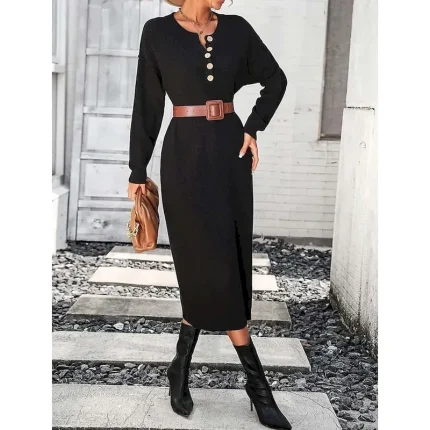 Women's Sweater Dress Elegant Fashion Casual Solid Color Crew Neck Knitted Long Sleeve Long Tops Knit Work Black Purple Fall Winter