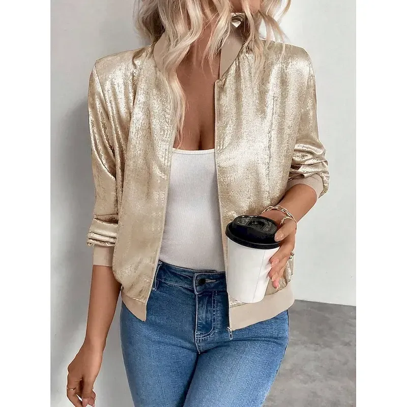 zwvmug1749812634788.webp Women's Casual Jacket Windproof Warm Zipper Casual Solid Color Casual Regular Stand Collar Regular Fit Long Sleeve Outerwear Champagne Fall - Image 1